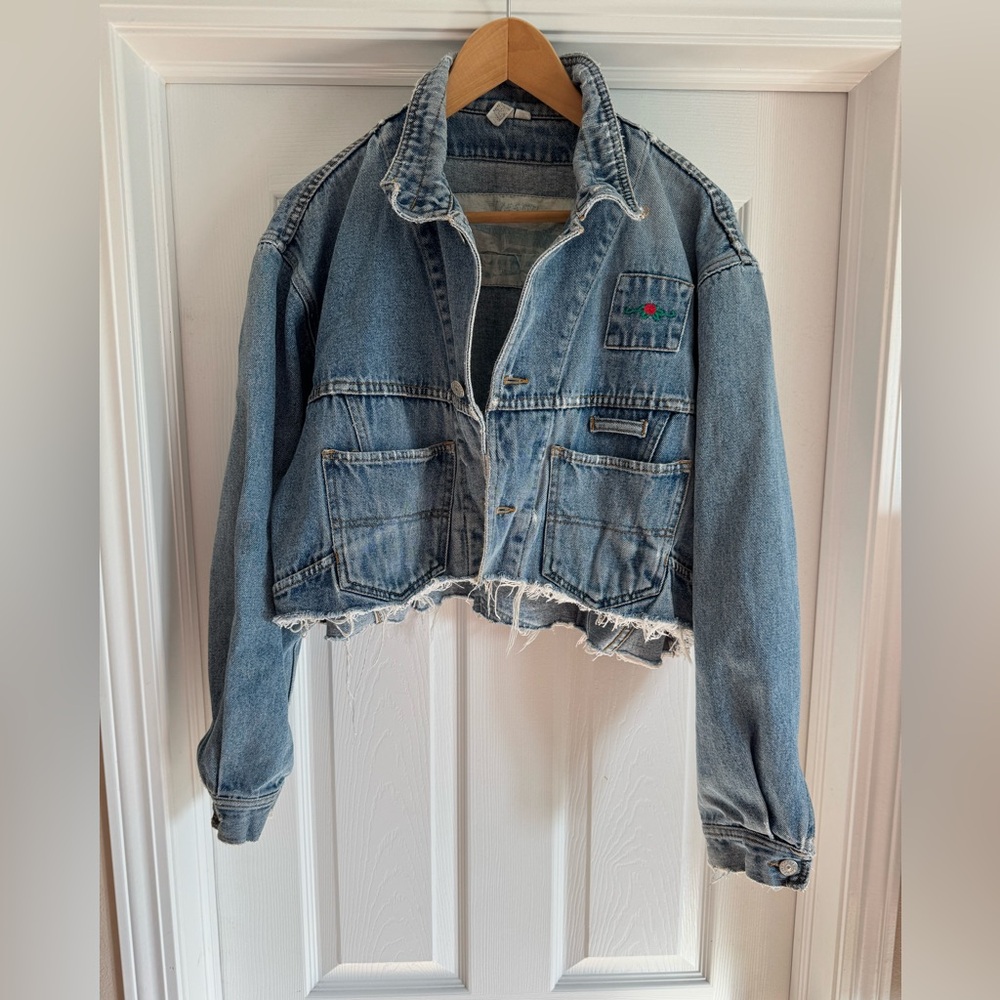 Freego Cropped Denim Jacket Womens Size Medium Blue Vintage Button Cotton